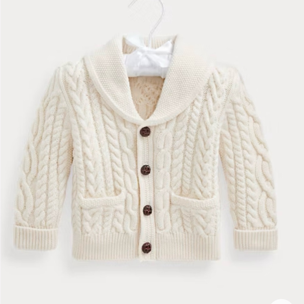 Polo Ralph Lauren Aran-Knit Cotton-Wool Cardigan Baby Boy  size 3M/6M